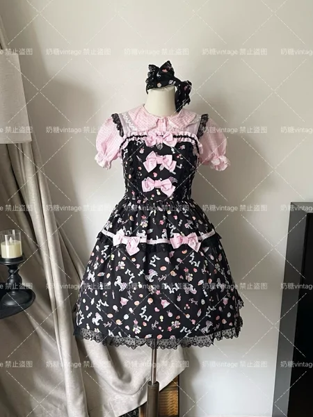 [Spot B0609] baby｜Used balloon horse black pink halter neck jsk+kc lolita