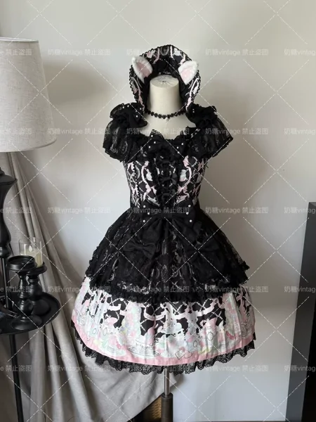【A0901】ap｜Second-hand wishing rabbit dress jsk➕bnt➕socks set black old lo lolita angelic pretty